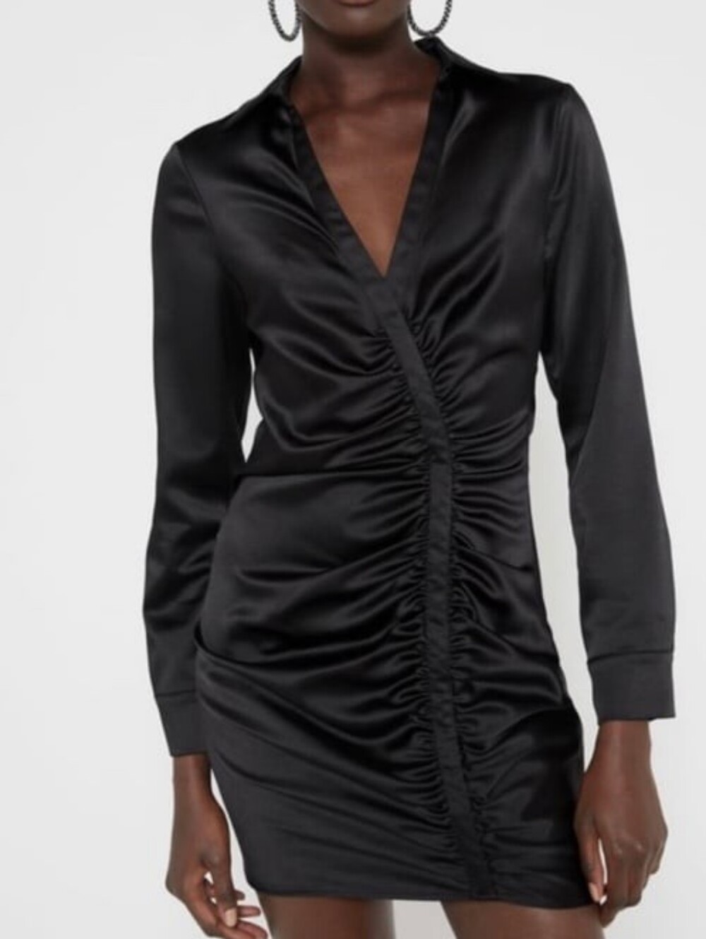 Zara Black Satin V-Neck Ruched Mini Dress